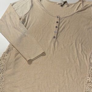 Paper Tee Tan‎ Long Sleeve Top with Lace Crochet Sides
